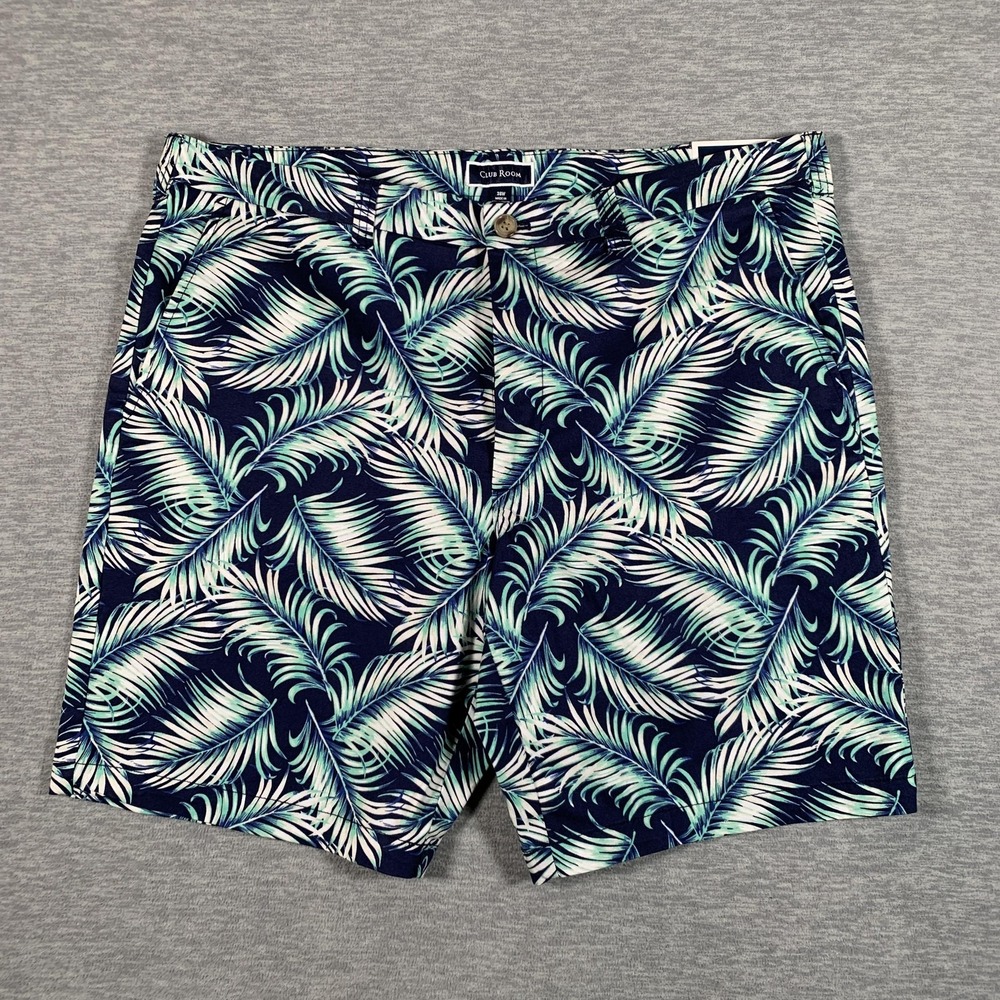 Club‎ Room Shorts Mens 38 Blue Tropical Palm Leaf Chino 9 Inseam Stretch NWT